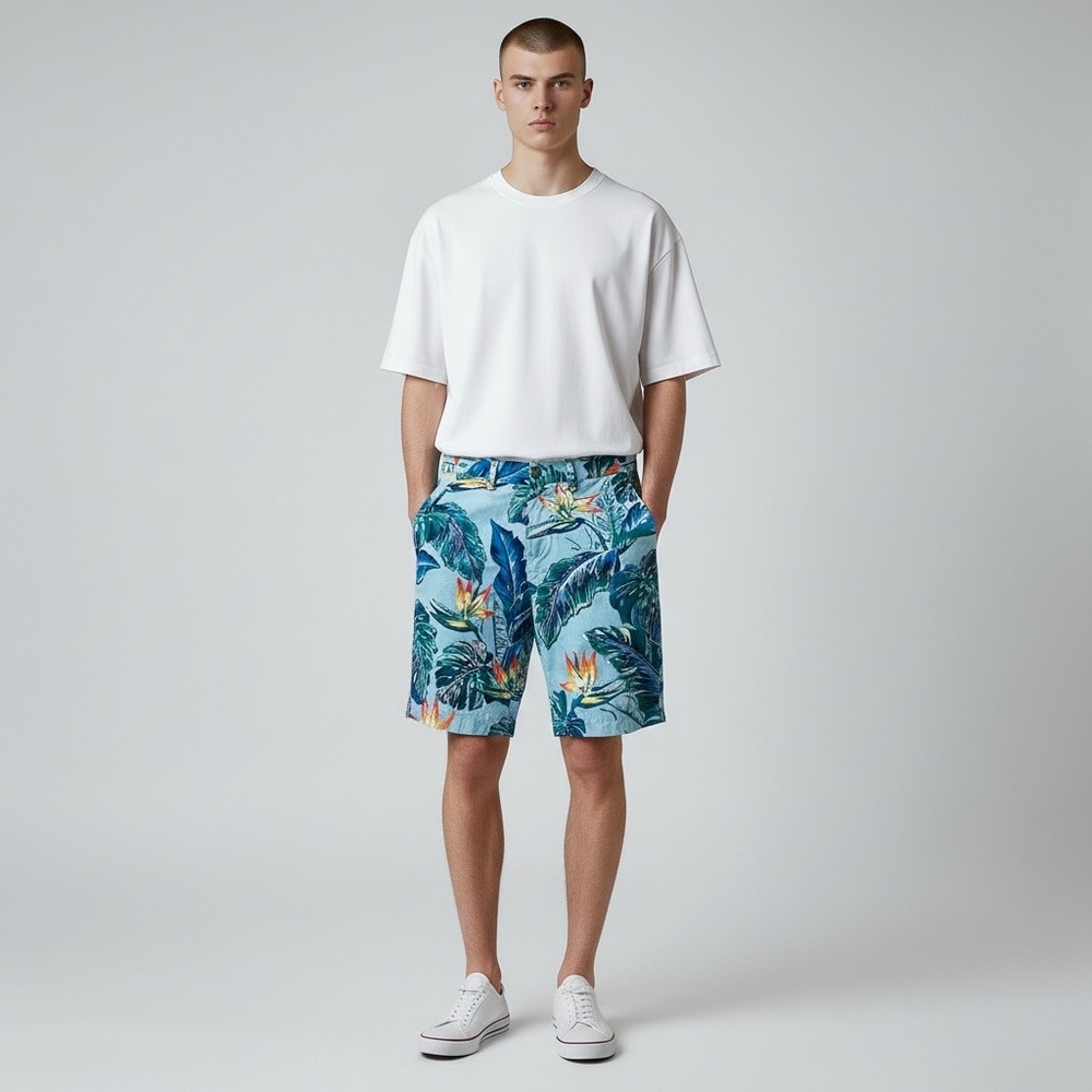 Tommy Hilfiger Chino Shorts 32 Blue Tropical Floral Stretch Hawaiian Vacation